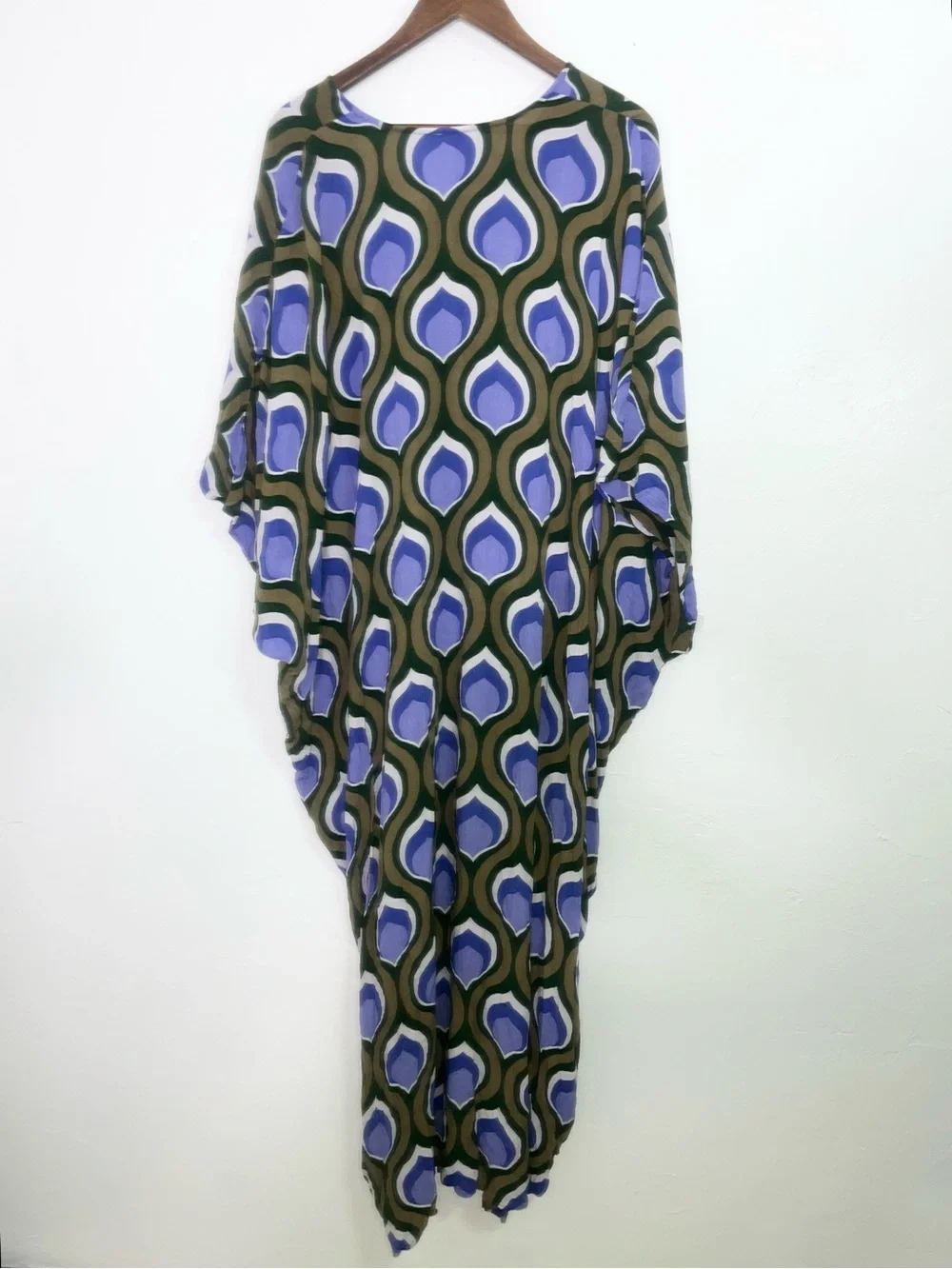 Free People Groovy Baby Maxi Kaftan Dress Olive Periwinkle Retro Mod 70s Boho